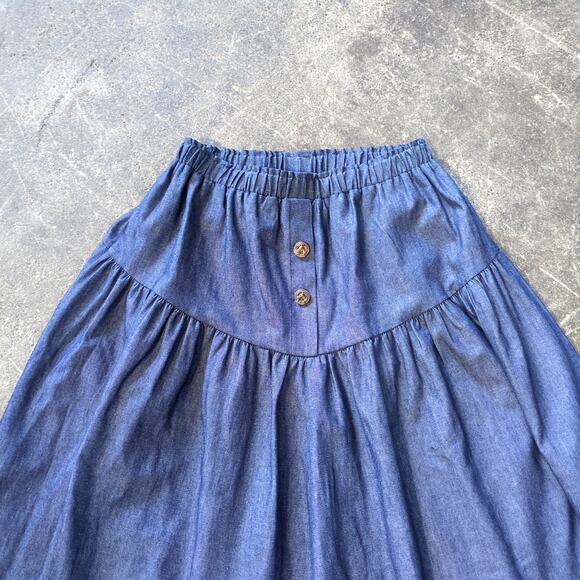 Vintage Pitchfork Denim Skirt Womens L Blue Button Front Pleated Prairie Cottage - Picture 2 of 8